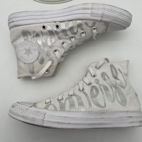 Converse All Star High Top‎ Sneakers White Silver Script Lettering Shoes Size 7 - Picture 3 of 14